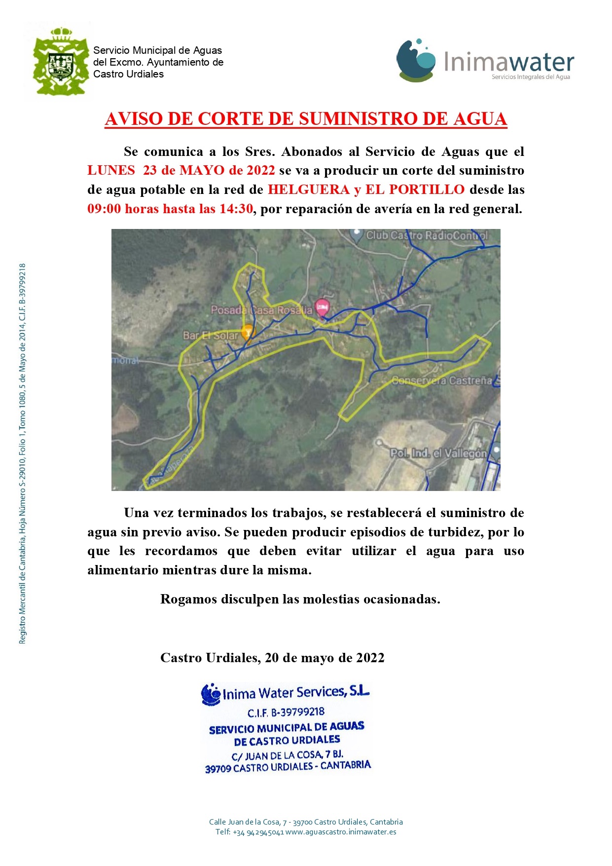Aviso corte suministro de agua para el Lunes 23 de mayo 2022 ( Helguera y El Portillo)