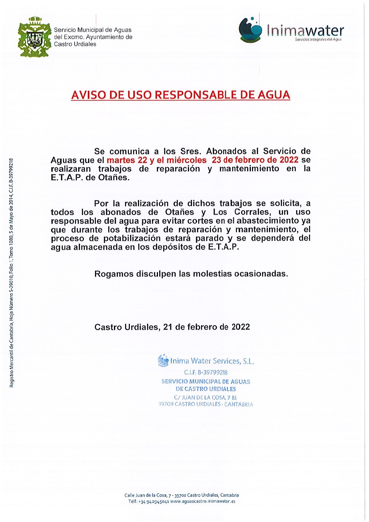  Aviso de uso responsable del agua  durante los trabajos de reparación y mantenimiento  en Otañes -Martes 22  y Miércoles  febrero  2022 